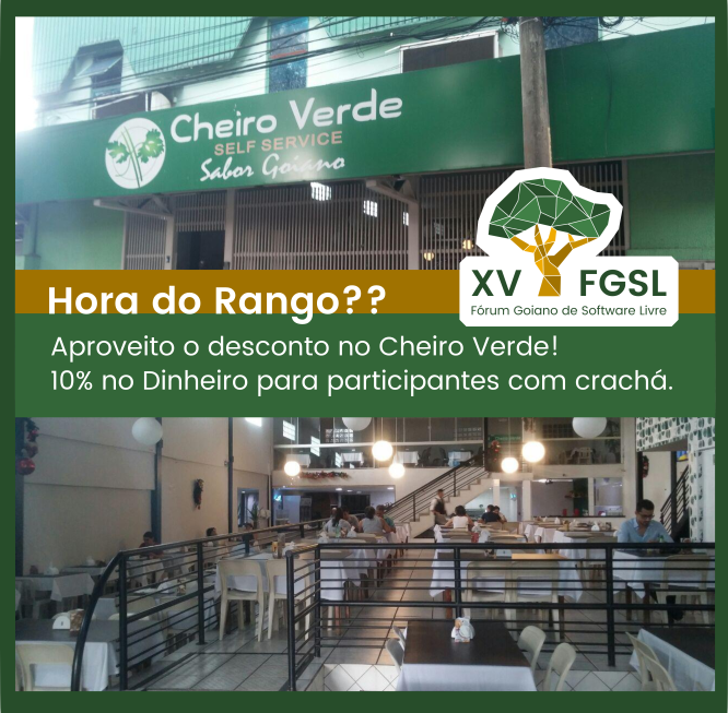 Banner falando do desconto no restaurante Cheiro Verde, 10% no dinheiro para participantes.